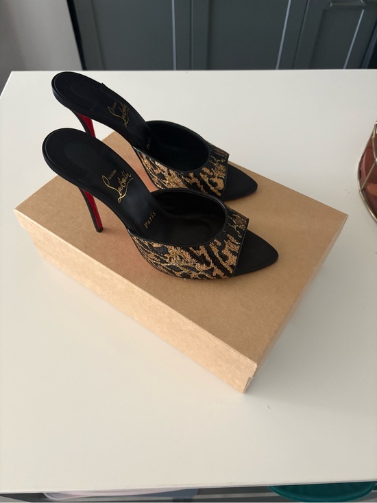 Christian Louboutin Shoes - Christian Louboutin Black and Gold Embroidered Mule Heels